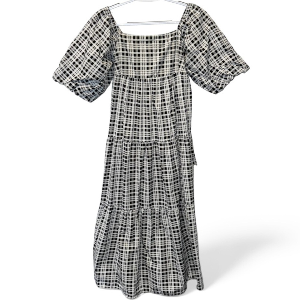 Faithfull the Brand Black White Plaid Cotton Puff Sleeve Tiered Maxi Dress S - Picture 9 of 11